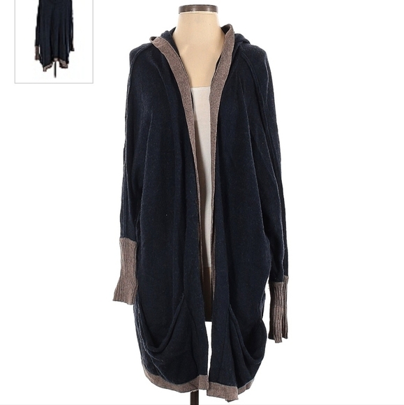 SOFT SURROUNDINGS Wool Blend Hooded Cardigan Sweater Women's Small S Blue Tan - Picture 1 of 10